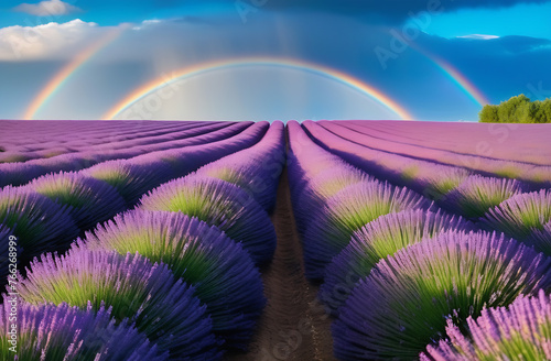 A bright lavender field with smooth purple rows of bushes to the horizon and a rainbow in a cloudy sky and a space to copy