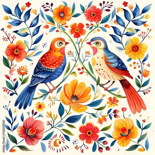 Folk Art Birds Tile Background Design - Hand Edited Generative AI