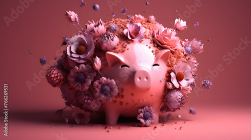 pink piggy bank isolated on pink background with flowers