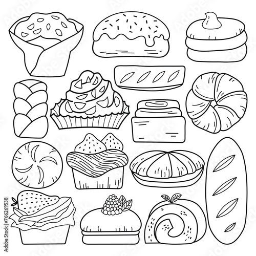 Hand drawn bakery and dessert food collection on white background for cafe or restaurant decoration. Vector illustration in doodle art style