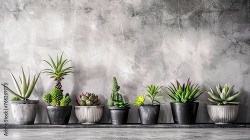succulents in pots on a grey concrete background, in the style of minimalist abstracts. minimalist background with various succulents on a painted white wooden desk, recycled, copyspace