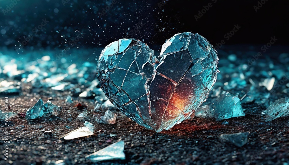 a smashed glass heart lying on the ground, surrounded by pieces of broken glass - obrazy, fototapety, plakaty 