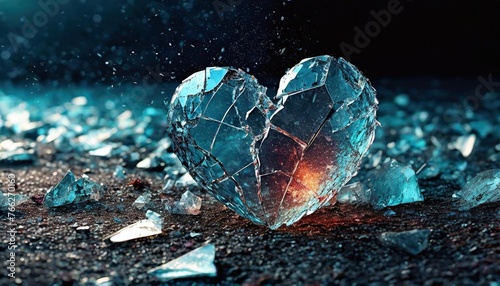 a smashed glass heart lying on the ground, surrounded by pieces of broken glass photo