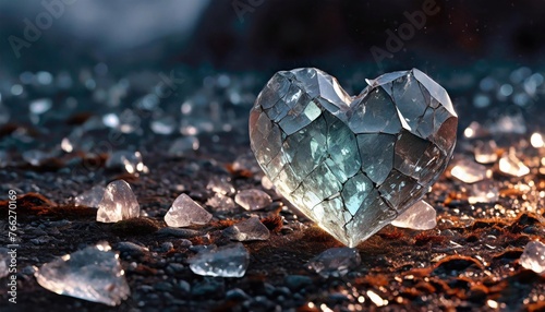 a smashed glass heart lying on the ground, surrounded by pieces of broken glass