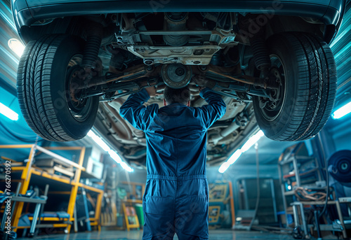 A mechanic in a blue uniform stands under a car in a garage and checks the condition of the brakes on raised car