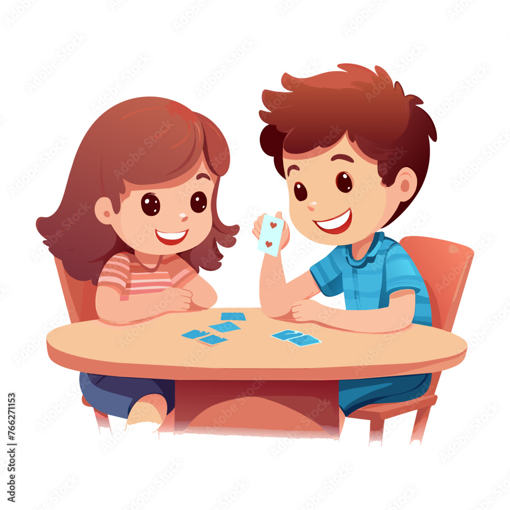 Children playing cards. Boy and girl characters sitting at table. Board game. Cartoon illustration. Generative AI vector Children playing cards. Boy and girl characters sitting at table. Board game. Cartoon illustration. Generative AI vector