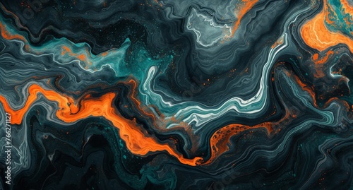 Vibrant Swirls of Orange, Black, and Blue on a Dynamic Black, White, and Orange Abstract Painting
