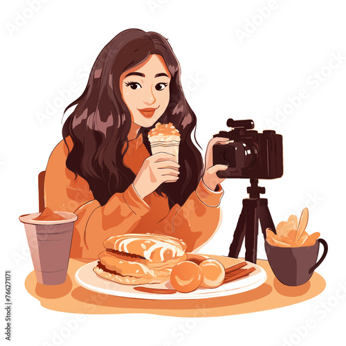 Woman takes pictures of food on her camera and eats it. Blogger girl creating content for his channel. Mukbang for entertainment blog. Fast food. Cartoon illustration. Generative AI