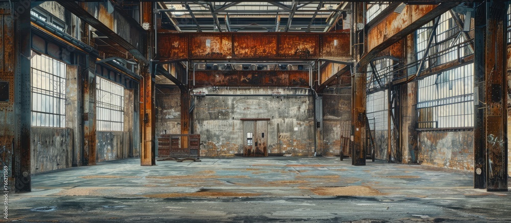 The painting depicts a deserted building with numerous windows, showcasing the facade of the factory. The structure appears to be made of composite materials, with wooden fixtures and flooring
