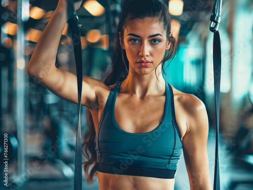 Mujer en top deportivo en un gimnasio