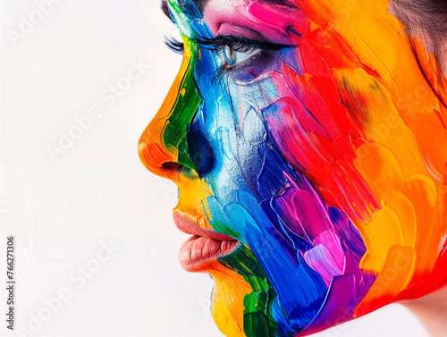 mujer con la cara pintada de varios colores, con fondo blanco