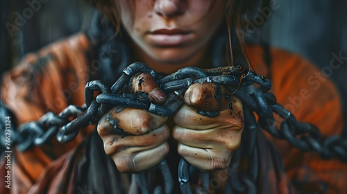 a woman with an expressive look with her hands shackled with a heavy chain. Concept illustration of themes about personal freedom, psychological limitations, survival and struggle,