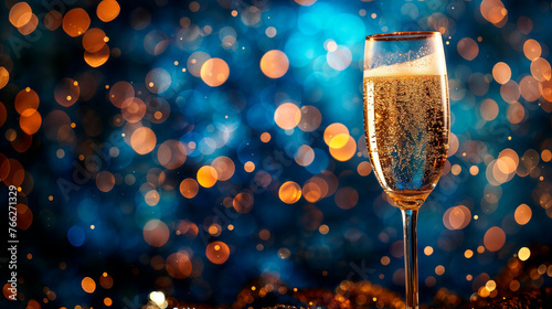 copa de champán con un fondo borroso de coloridas luces en un fondo azul