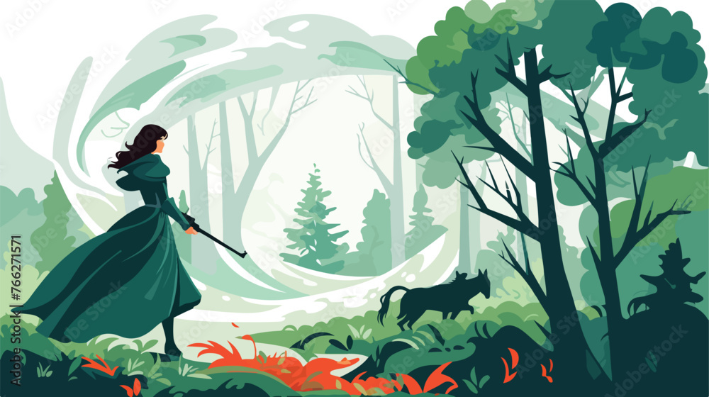 Fantasy medieval woman hunting in mystery forest .. F