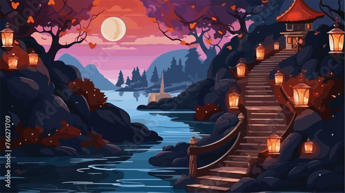 Fantasy stairs with lanterns in the river at night..
