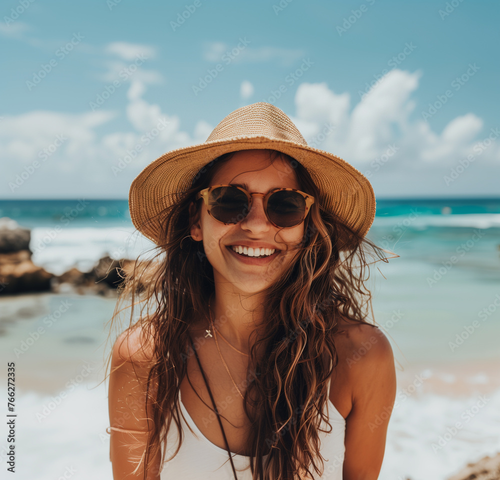 Portrait of one young woman at the beach wearing sunglasses and hat enjoying holidays and free time outdoors. Having fun relaxing and living happy moments. Portrait of one young woman at the beach wearing sunglasses and hat enjoying holidays and free time outdoors. Having fun relaxing and living happy moments.