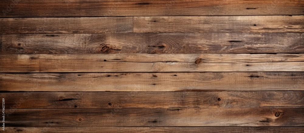 A closeup image of a hardwood brown wooden wall with a blurred background. The plank is a rectangle shape made of plywood, a building material typically used for flooring, stained in a beige color