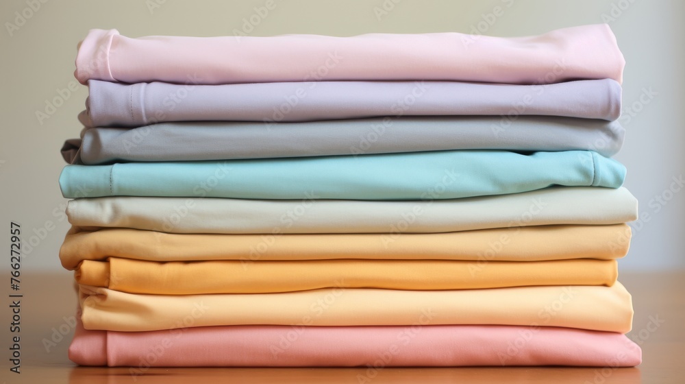 Stack of Folded Sheets on Wooden Table Stack of Folded Sheets on Wooden Table
