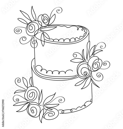Delicious birthday cake with rose cream flowers. Sweet dessert for party. Isolated element, doodle style, line art. Hand drawn vector illustration white background for cards, menu, banner, packaging.