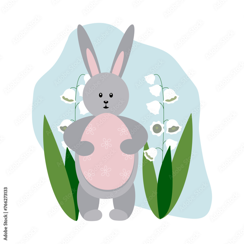 Cute bunny in a flower meadow holds an Easter egg. Festive spring card ...