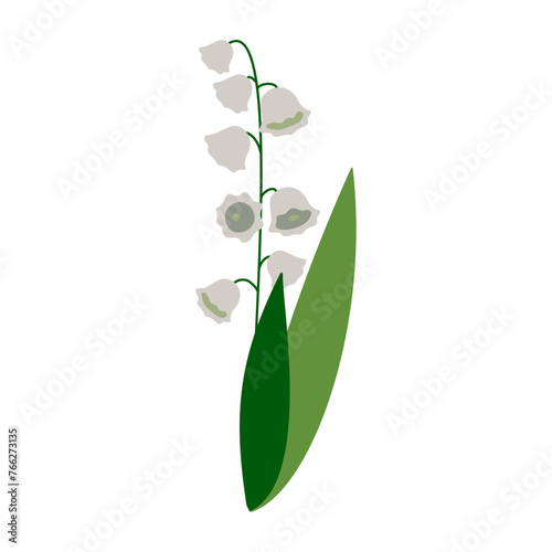 Spring blooming lily of the valley. Fragrant plant with small white flowers on stem with green leaves. Isolated element white background. Hand drawn vector illustration. Simple cartoon flat style.