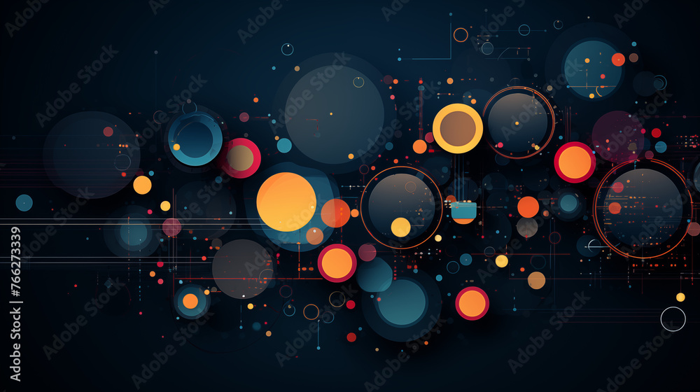 Dark Abstract Background with Colorful Overlapping Circles and Lines
