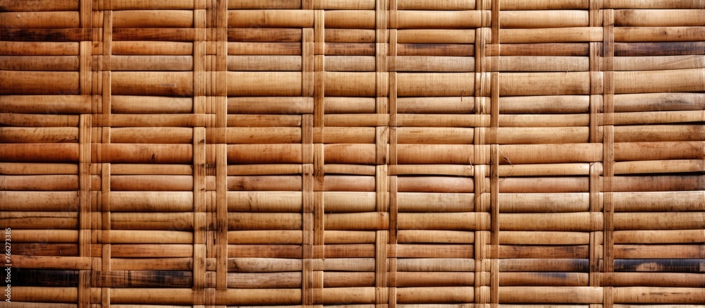A closeup of a wicker blind made of brown bamboo sticks, resembling a storage basket. The intricate pattern and amber tones complement the woods natural texture A closeup of a wicker blind made of brown bamboo sticks, resembling a storage basket. The intricate pattern and amber tones complement the woods natural texture