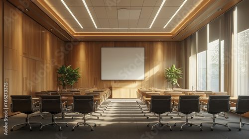 A large conference room with a white board and a potted plant