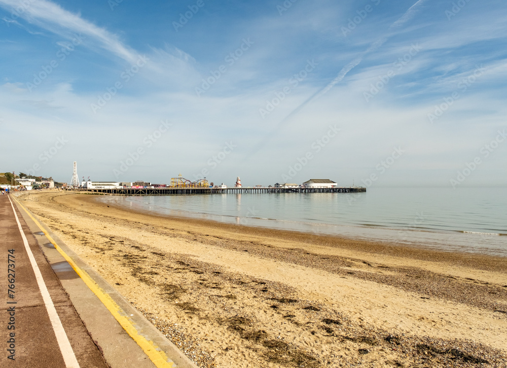 The sandy beach and Victorian pier in the coastal town of Clacton-on-Sea