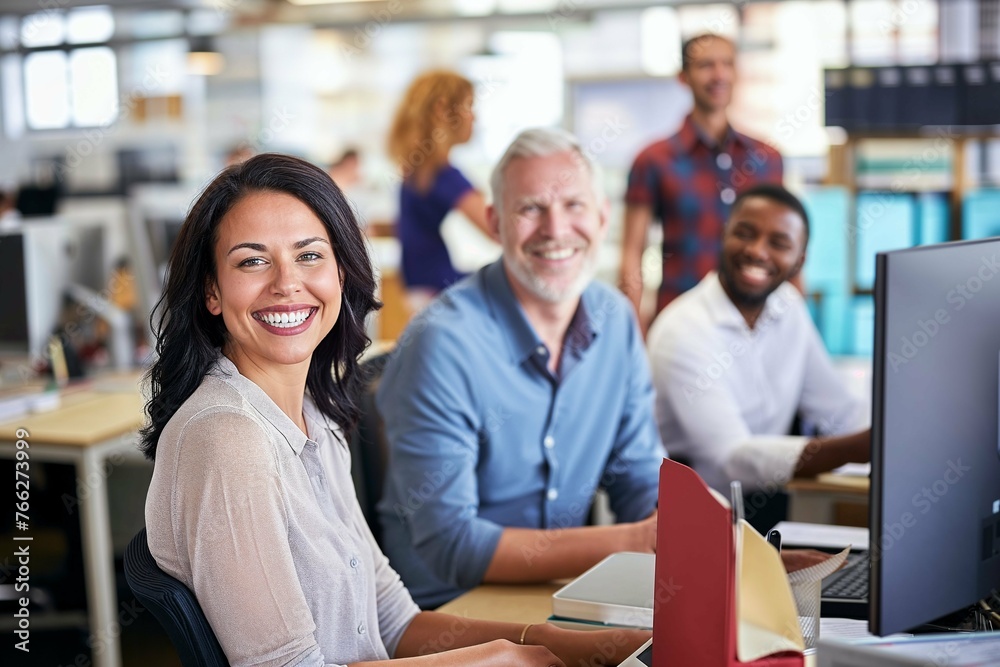Diverse group of happy business professionals working together in an open plan office Diverse group of happy business professionals working together in an open plan office