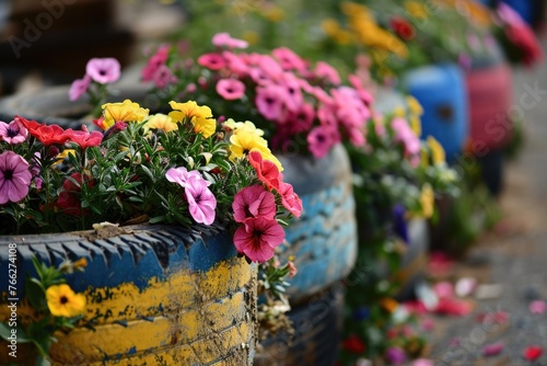 Colorful Tire Flowerbed: Repurposed Rubber Tires Blooming with Flowers