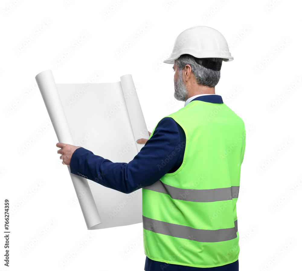 Architect in hard hat holding draft on white background, back view Architect in hard hat holding draft on white background, back view