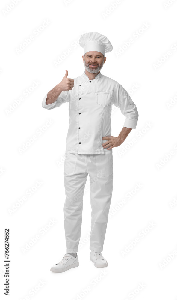 Happy chef in uniform showing thumbs up on white background