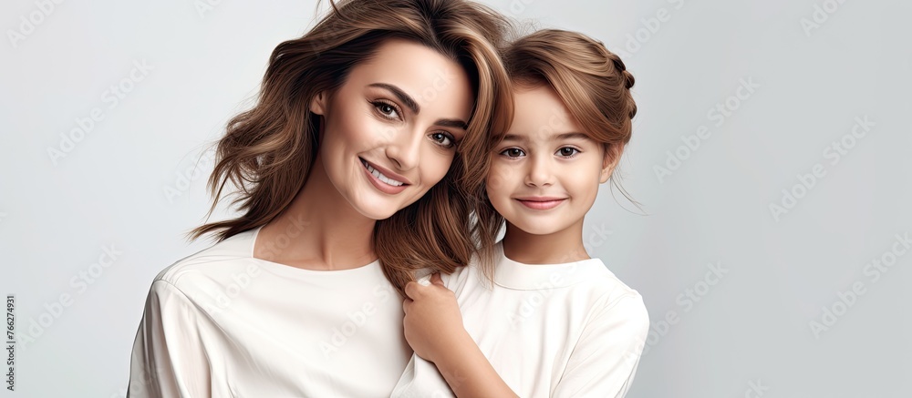 A woman and a child smiling while standing together, striking a pose for a photograph A woman and a child smiling while standing together, striking a pose for a photograph