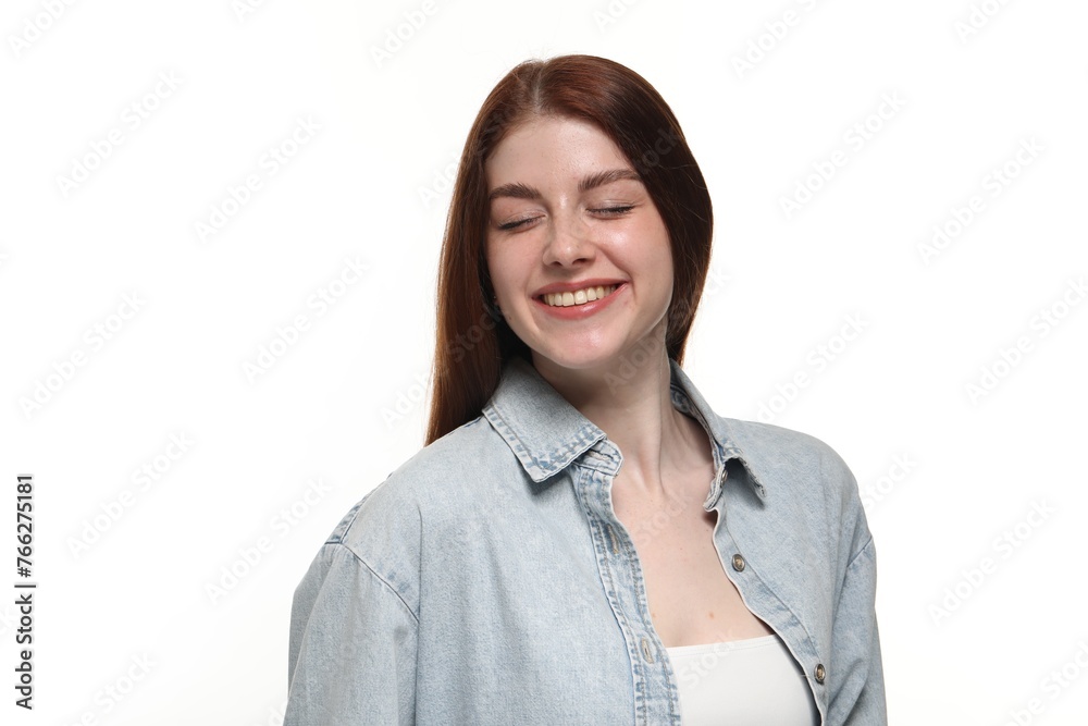 Portrait of smiling woman on white background Portrait of smiling woman on white background