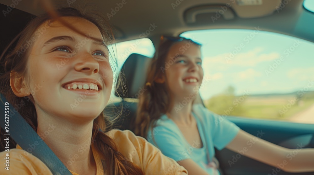 Two girls smiling and enjoying a car ride
