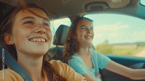 Two girls smiling and enjoying a car ride © Iona