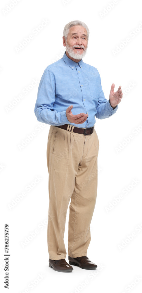 Senior man greeting someone on white background Senior man greeting someone on white background