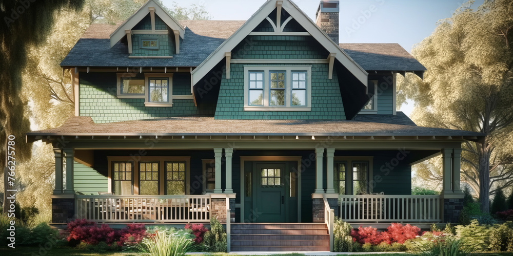 Facade of a house in craftsman architectural style with the porch and wooden terrace.