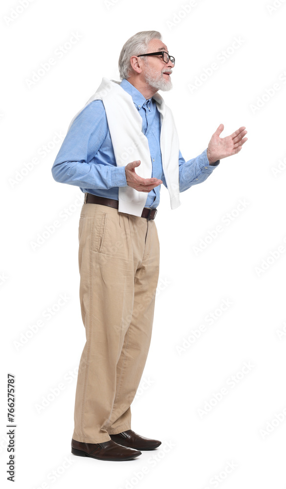 Senior man greeting someone on white background Senior man greeting someone on white background