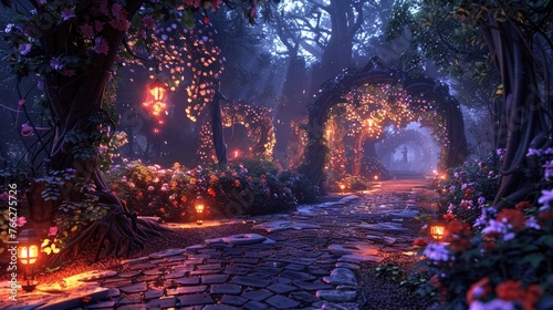 Enchanted Pathway Through Mystical Fantasy Forest Illuminated by Magical Lights and Flourishing Flora
