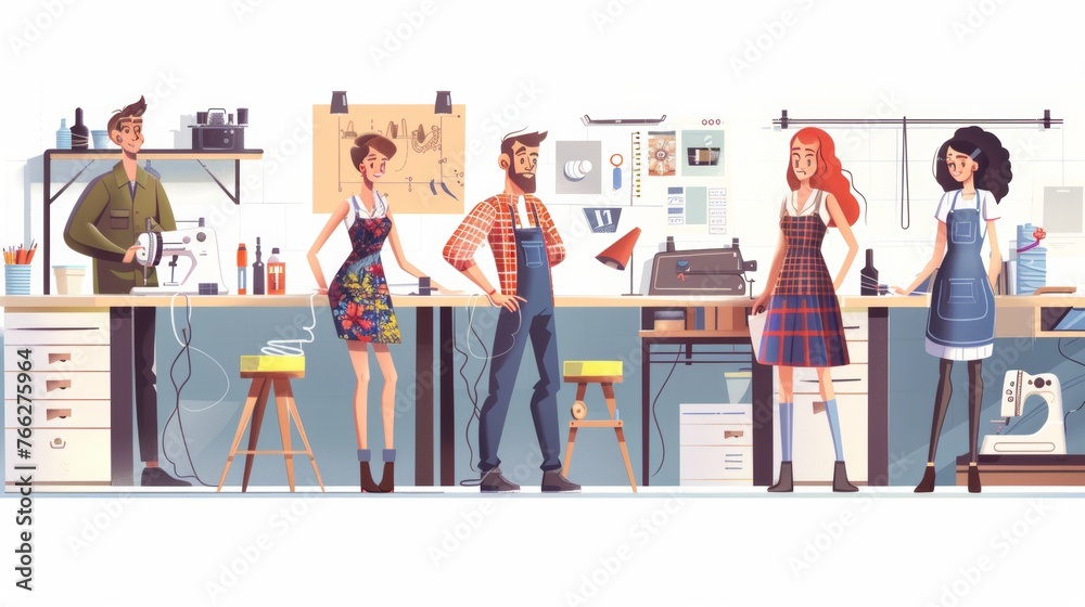 Obraz premium Vector illustration of sewing workshop, stylized and colorful.