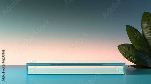 Glass podium on gentle sunset sky background