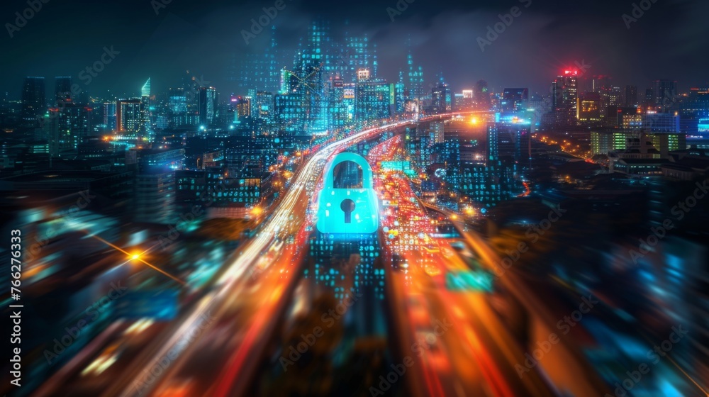 Glowing holographic padlock overlays a bustling nighttime road in Bangkok, symbolizing cyber security measures to safeguard companies. Image is achieved through a double exposure technique