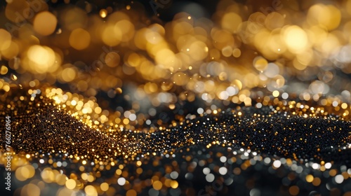Dark Glittering Background with 3D Rendered Luxury Gold Particles and Sparkling Bokeh Effect