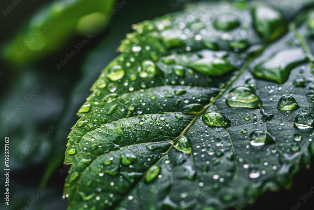 Green Leaf with Water Drops Close-up on Grey Background with Copy Space Green Leaf with Water Drops Close-up on Grey Background with Copy Space