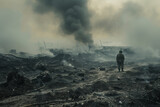 A solitary figure walks amidst devastation, clouds of smoke billowing in the aftermath.