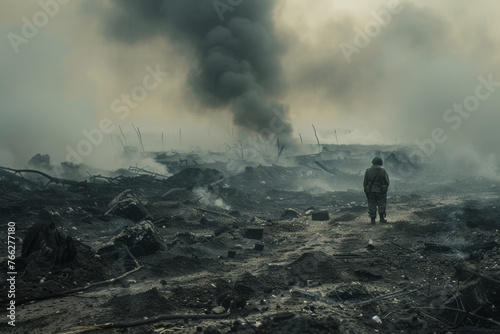 A solitary figure walks amidst devastation, clouds of smoke billowing in the aftermath. photo