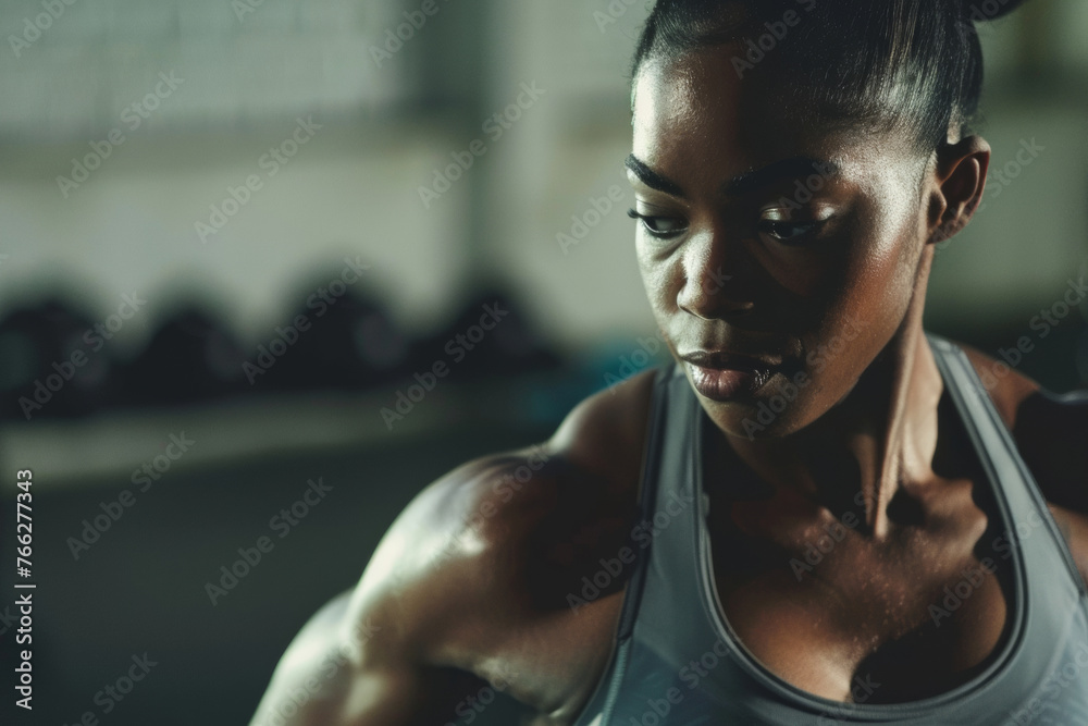 Fototapeta premium Focused female athlete in intense workout session indoors.