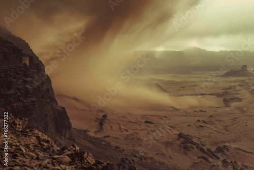 A mystical sandstorm sweeps across an otherworldly desert landscape at twilight.